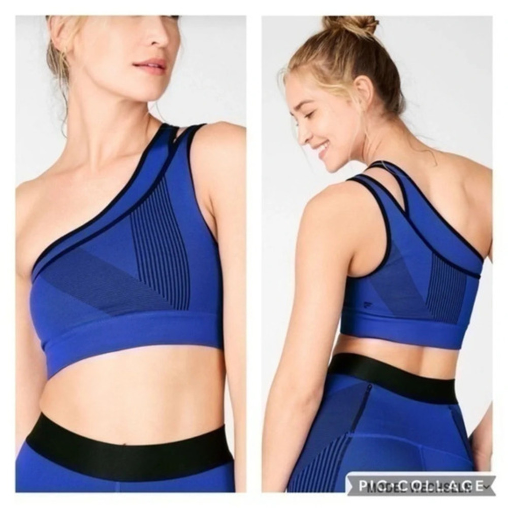 Fabletics Large One-Shoulder Sports Bra - Blue & Black